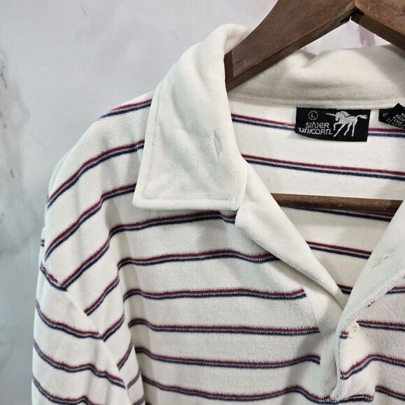 Vintage Sweatshirt Mens Large White Striped Velour 70s 80s Rugby Polo Pullover - Picture 2 of 11